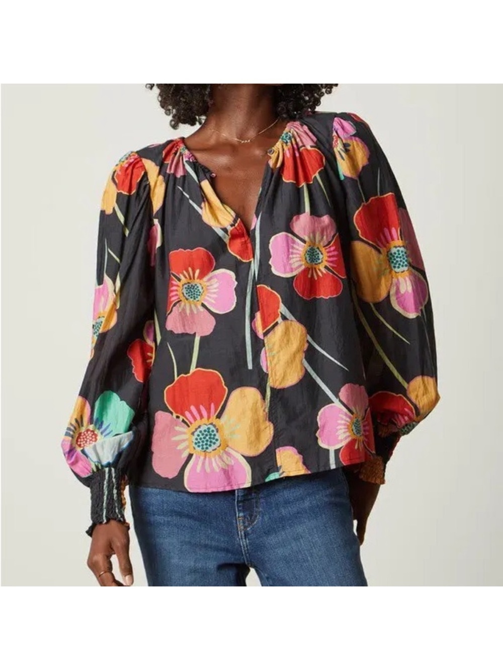Avery printed silk cotton top - black floral